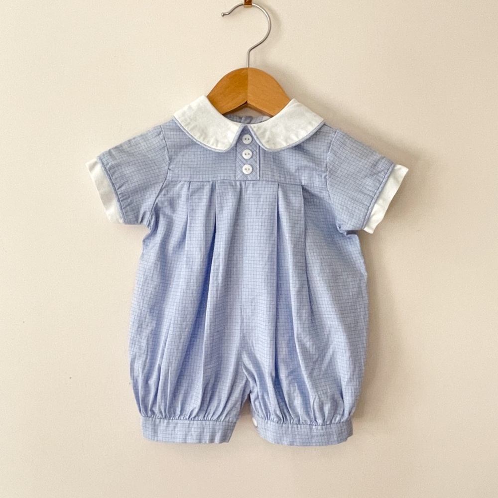 VINTAGE 🇺🇸 Rici Neiman Marcus Classic Heirloom Blue Micro Check Bubble Romper